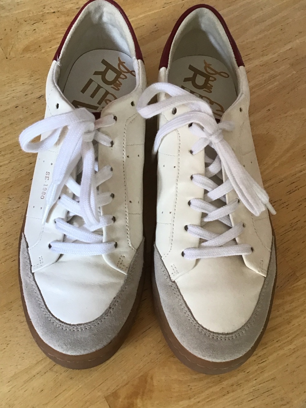 Sam Edelman Cream Leather Sneakers with Gray Suede and Burgundy Heel accents